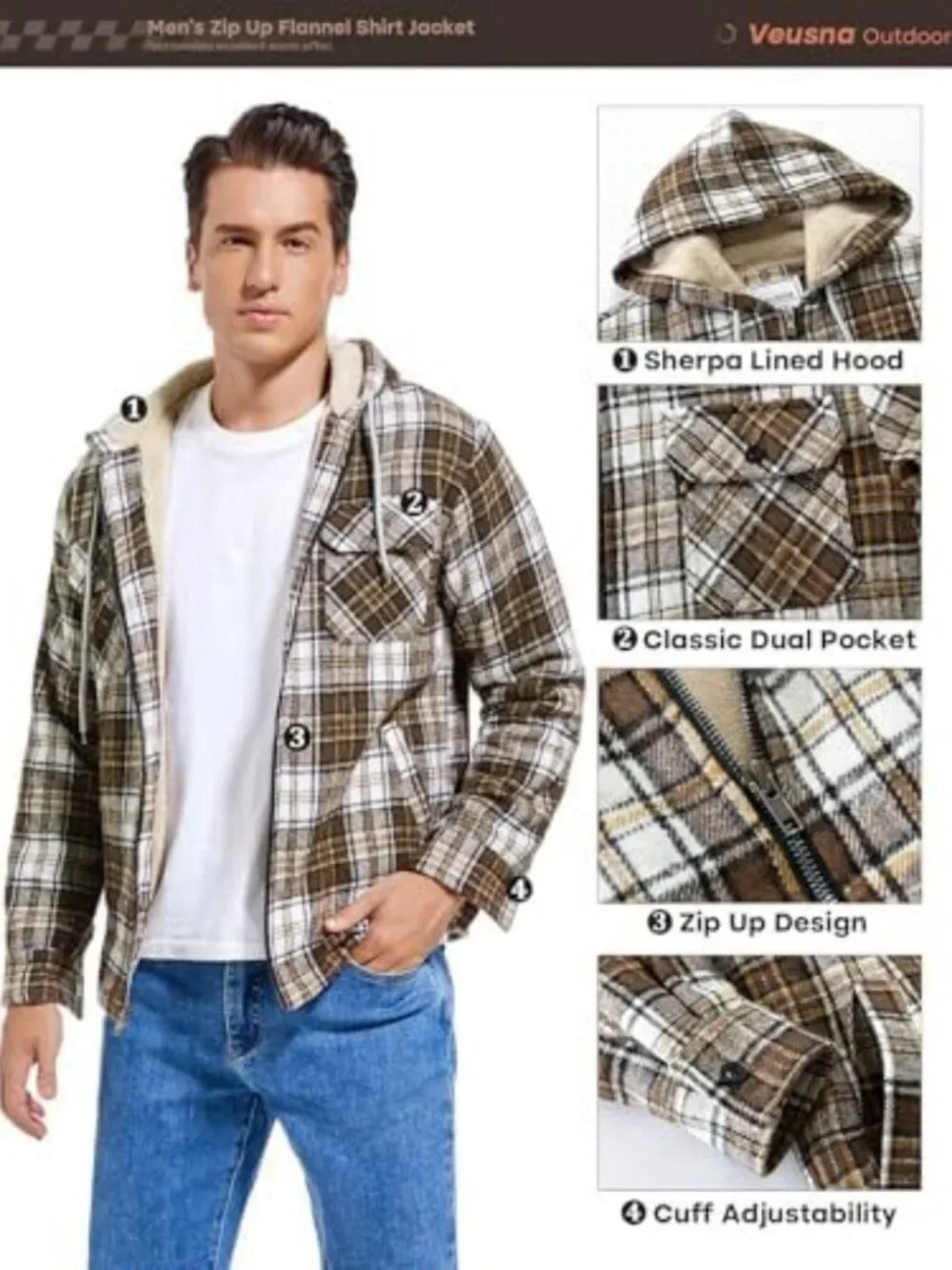 Cozy Men's Fleece Lined Zip Up Flannel Jacket with Hood - Perfect for Fall!
